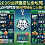 隨著 2026 世界盃進入備戰階段，全球足球迷與投注玩家已開始鎖定這場史上規模最大的體育盛事。本攻略由資深玩家親自授課，旨在幫助讀者精準解讀美加墨世界盃特有的盤口動態，包含亞洲盤、讓分盤及大小球的深度判讀邏輯。面對擴軍後的 48 支球隊與高頻率賽程，掌握「賠率」與「真實勝率」間的差異是獲利核心。我們將揭秘如何透過球隊近期戰績、傷兵名單及主客場環境，分析出莊家開盤的陷阱與誘盤手法。無論是想尋求穩定收割的小額玩家，還是追求高倍率冷門賠率的技術控，本指南都將提供系統化的數據分析與資金管理策略，帶你從專業視角切入賽事，提升預測準確度並掌握長線獲利的關鍵秘訣，讓你在世界盃期間不僅享受觀賽熱趣，更能實質收穫投資紅利。