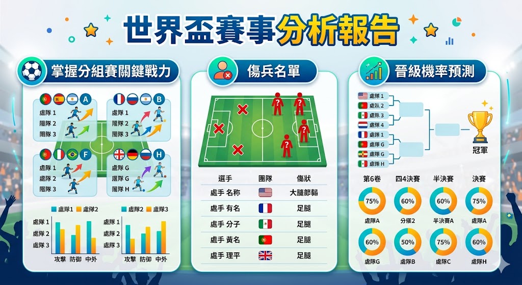 世界盃賽事分析報告：掌握分組賽關鍵戰力、傷兵名單與晉級機率預測