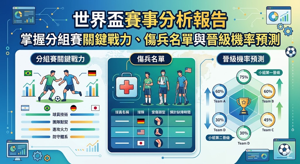 世界盃賽事分析報告：掌握分組賽關鍵戰力、傷兵名單與晉級機率預測