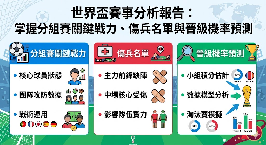 世界盃賽事分析報告：掌握分組賽關鍵戰力、傷兵名單與晉級機率預測