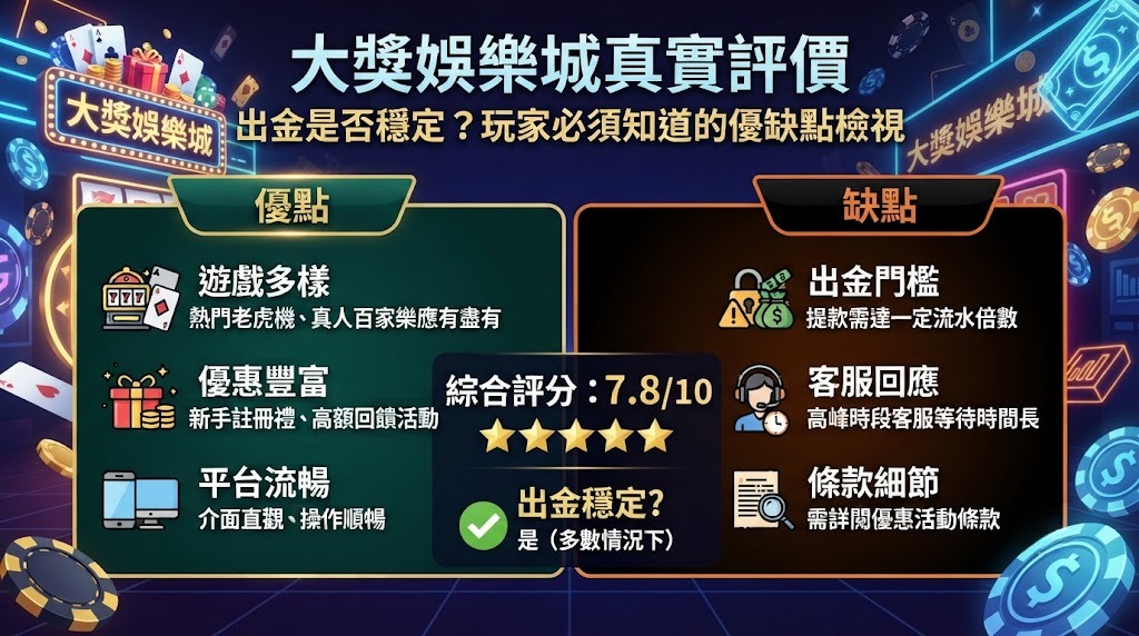 大獎娛樂城真實評價：出金是否穩定？玩家必須知道的優缺點檢視